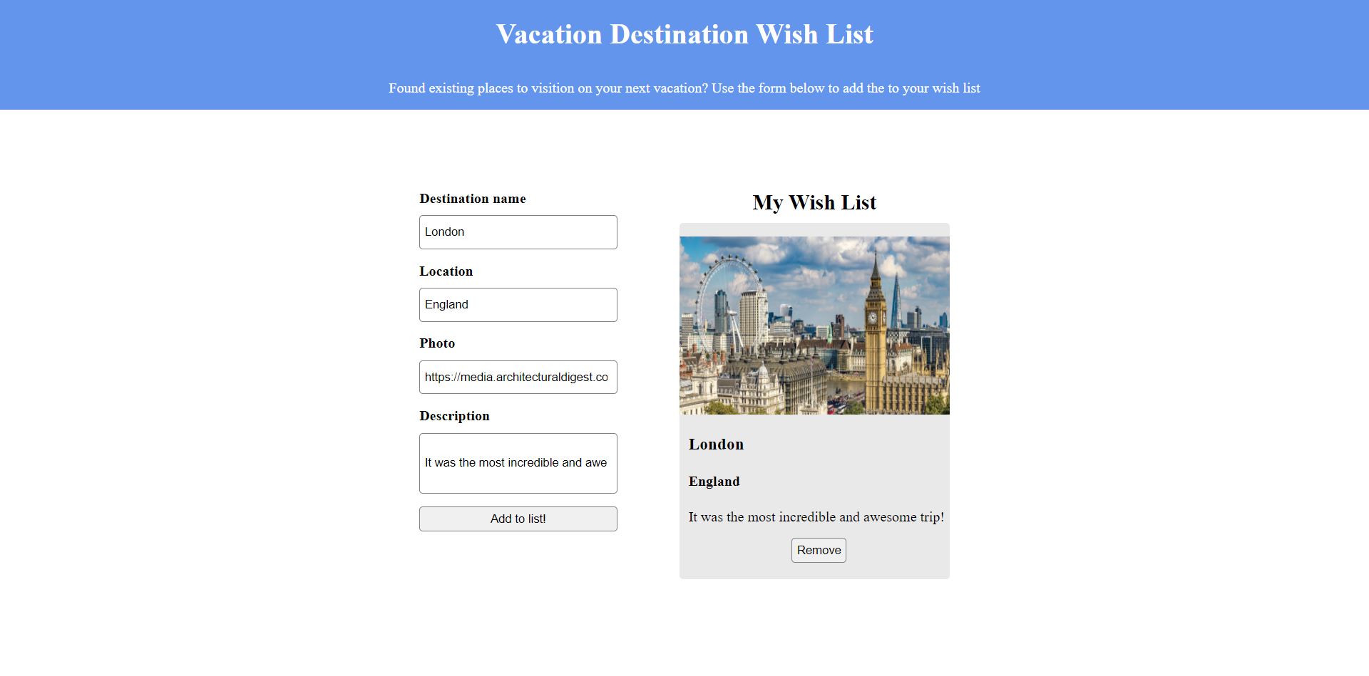 Vacation Destination Wish List App